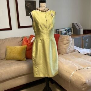 Chartreuse cocktail dress, with pearl broach, Kay Unger, made in Korea